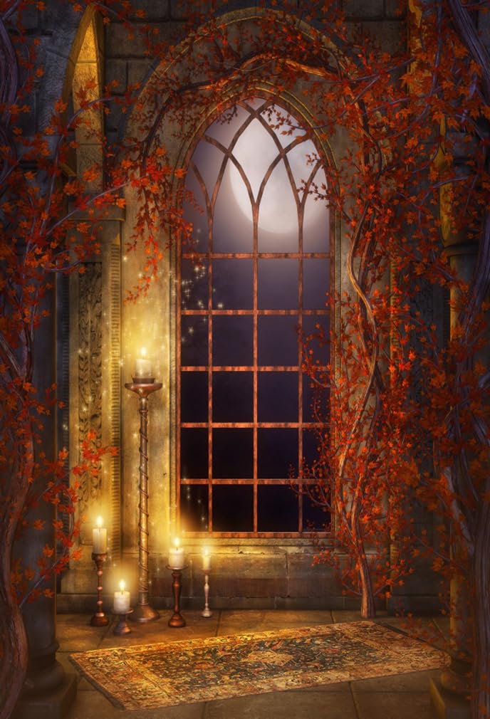 AOFOTO 5x7ft Vintage Gothic Room Backdrop Moonlight Medieval Castle Interior Candles Vines Arch Window Photography Background Child Kids Adult Portrait Halloween Party Decor Photo Shoot Studio Props - Image 1